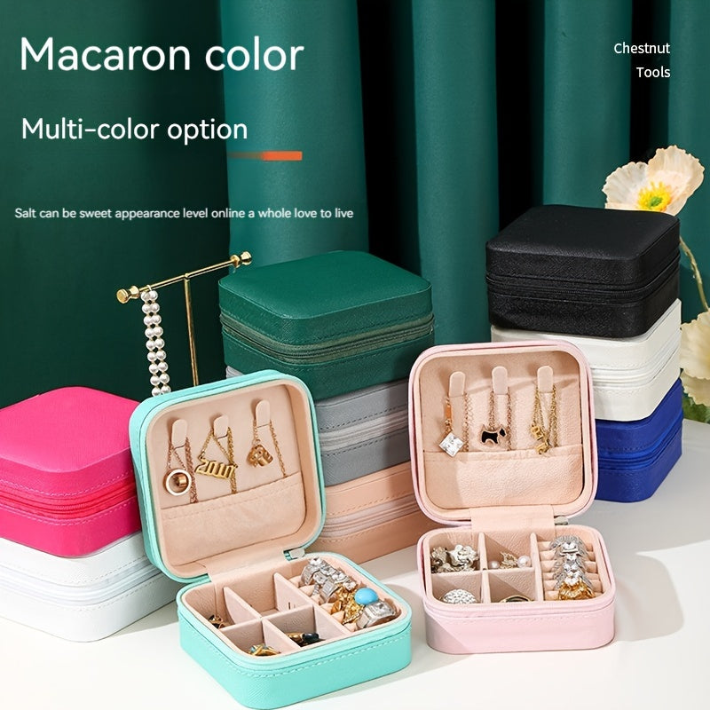 One stylish and portable jewelry box for earrings, rings, and necklaces.