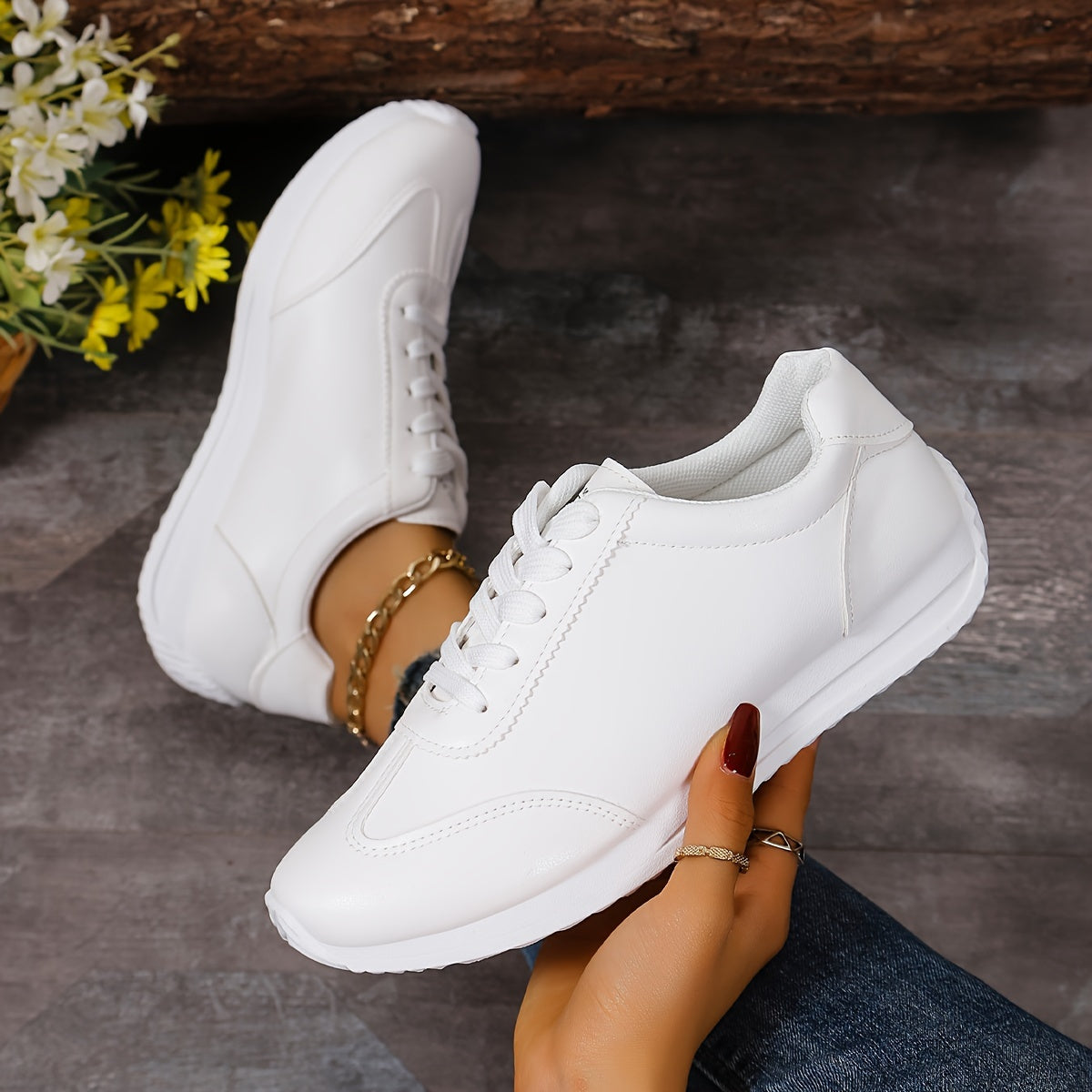 Women's casual sneakers with solid color, lace-up platform, soft sole, and non-slip running trainers.