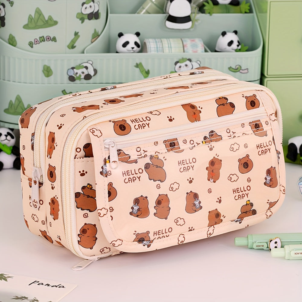 Panda cartoon pencil case with multi-layer organizer for pens, pencils and accessories. Stylish storage for boys and girls.