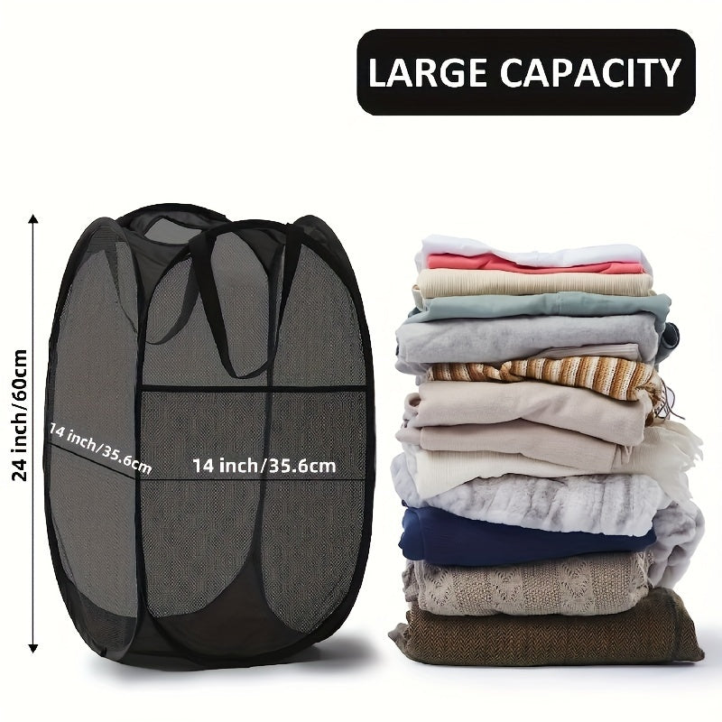 Durable and Portable Mesh Pop-Up Laundry Hamper with Large Capacity - Convenient Handles, Collapsible Design, Ideal for Dorms, Bathrooms, and Travel - Features Side Pocket for Added Storage - Perfect Laundry Solution for Bathroom, Bedroom, Laundry Room