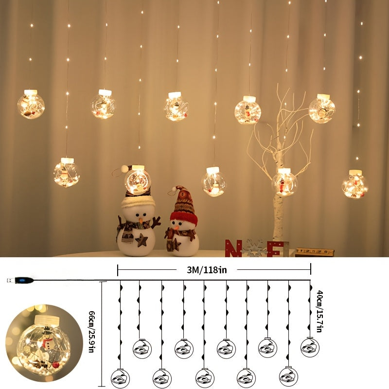 1 Set of USB-powered LED curtain lights featuring a snowman pendant with blinking yellow light. Suitable for various holiday decorations.