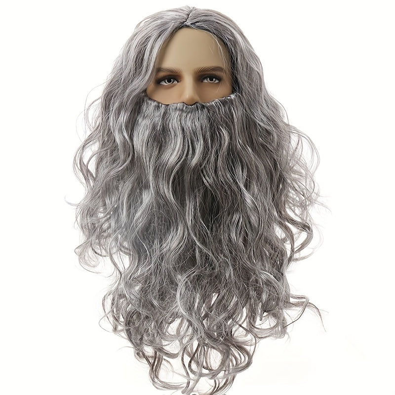 King Wig Cosplay Wig for Men, Long Grey Wavy Beard Wig, Synthetic and Heat-Resistant, Perfect for Halloween, Cosplay, Christmas Party