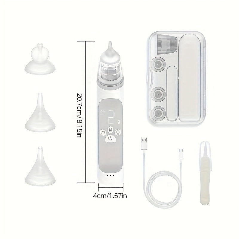 Electric nose suction device with music and lighting features, three adjustable suction levels, and interchangeable suction heads.