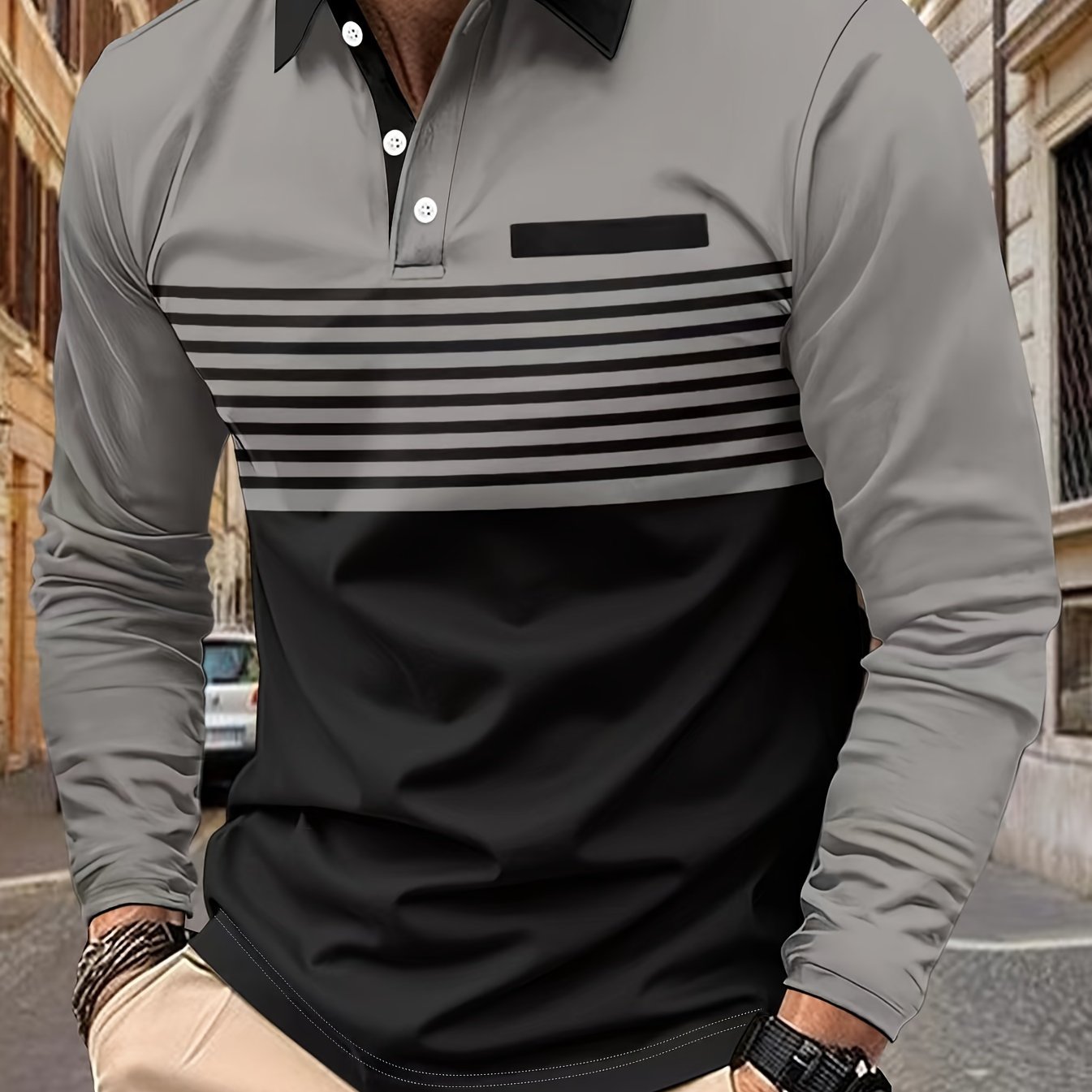 Men's color blocked long sleeve lapel golf shirts with a striped pattern print, perfect for spring and fall, featuring a casual style, slight stretch, and regular fit.