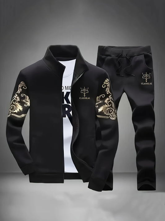 Men's Polyester Long Sleeve Sports Suit with Collared Neck Print, Regular Fit, Pocket, for Spring and Autumn.