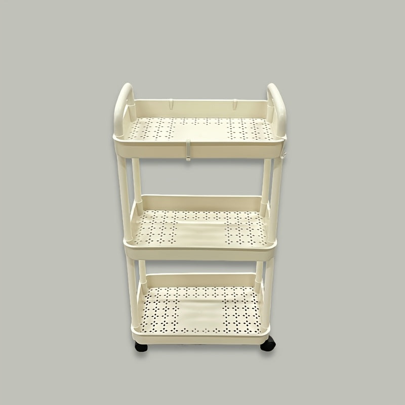 Tiered Plastic Utility Cart with 3-Tiers, Rolling Organizer Trolley, Floor Mount Storage Rack for Kitchen and Living Room, No Electricity Required, Multi-Purpose Shelving Unit