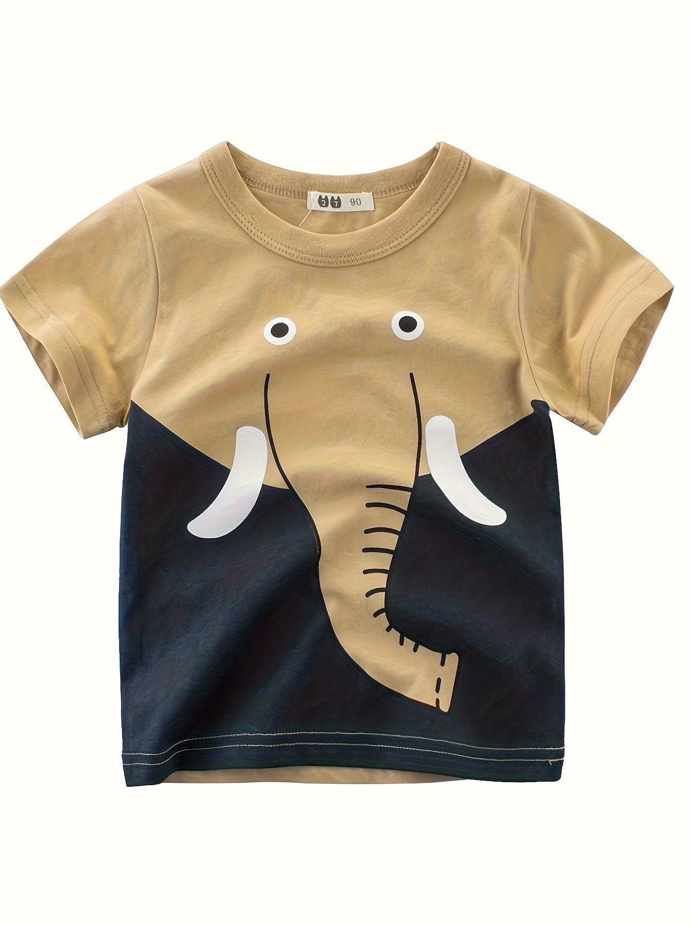 Four summer cotton t-shirts for boys in navy, beige, and blue featuring cartoon excavator and far out prints. Soft and breathable youngsters' clothing.