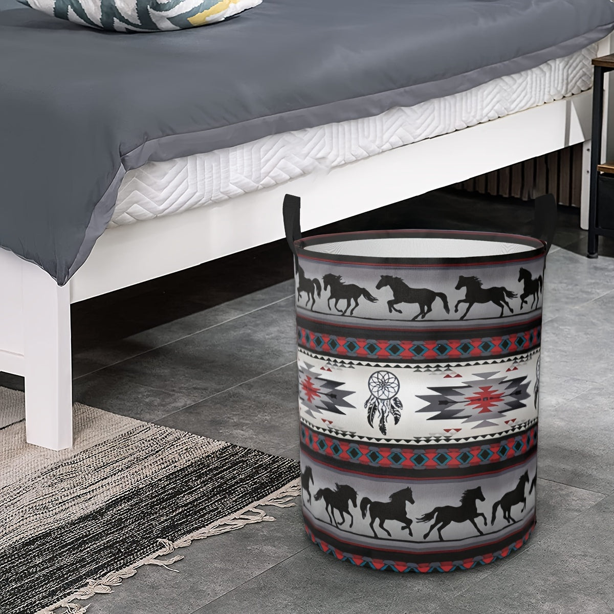 Large Capacity Foldable Laundry Basket with Handles, featuring a Galloping Horse Pattern. Durable and Stylish Polyester Round Hamper for Toy Storage in the Laundry Room, measuring 41.91 x 35.05 cm.