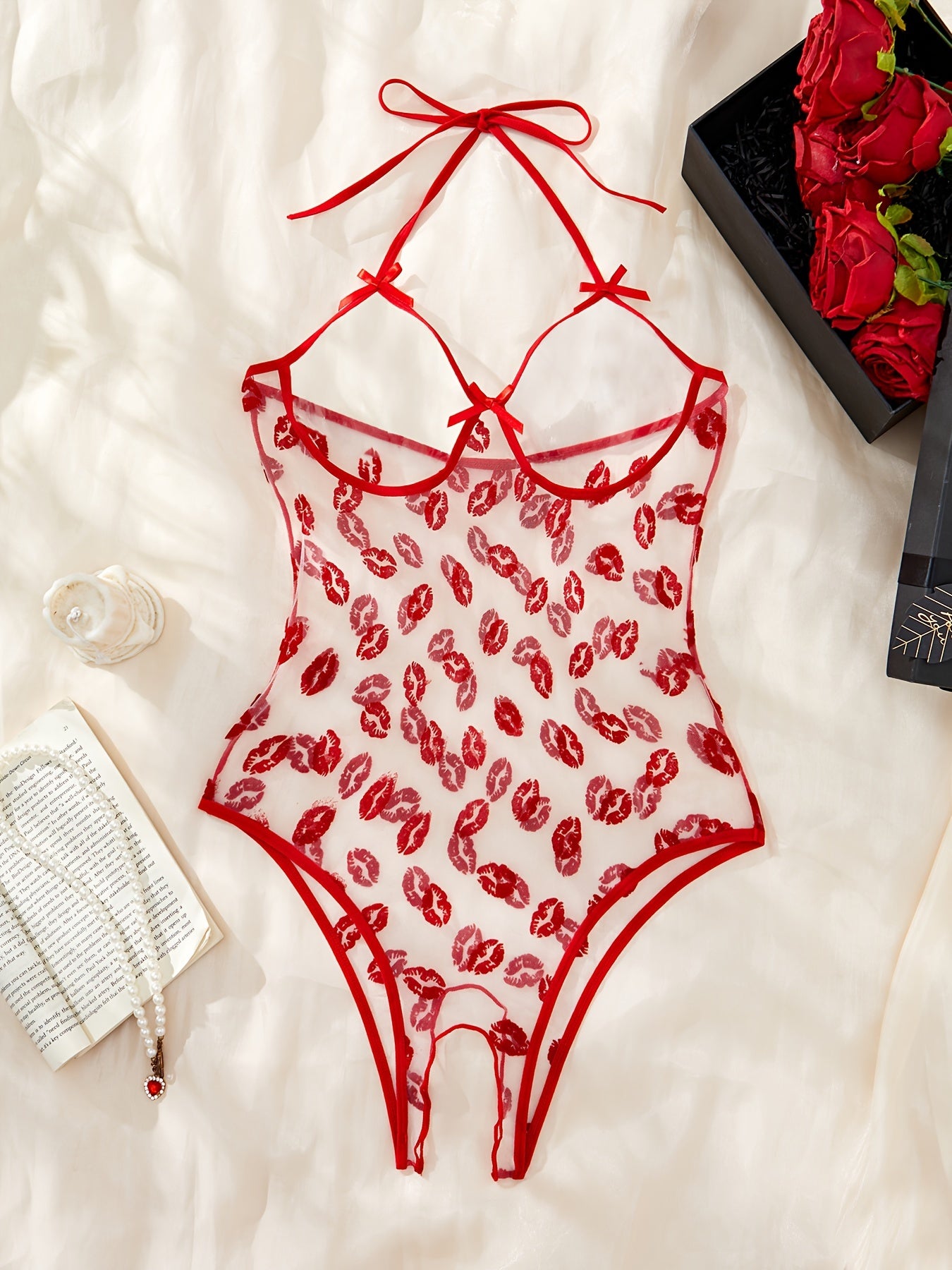 Red Lip Print Bodysuit with Open Crotch for Women