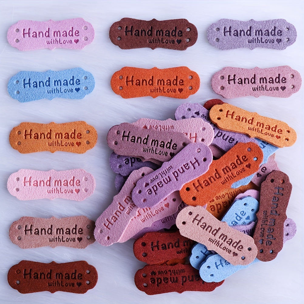 50 pieces of microfiber velvet labels in 10 different colors, with 5 labels per color. Perfect for handcraft projects such as knitting, sewing, making hats, purses, and clothing. These labels feature a hole for easy attachment and an embossed crochet