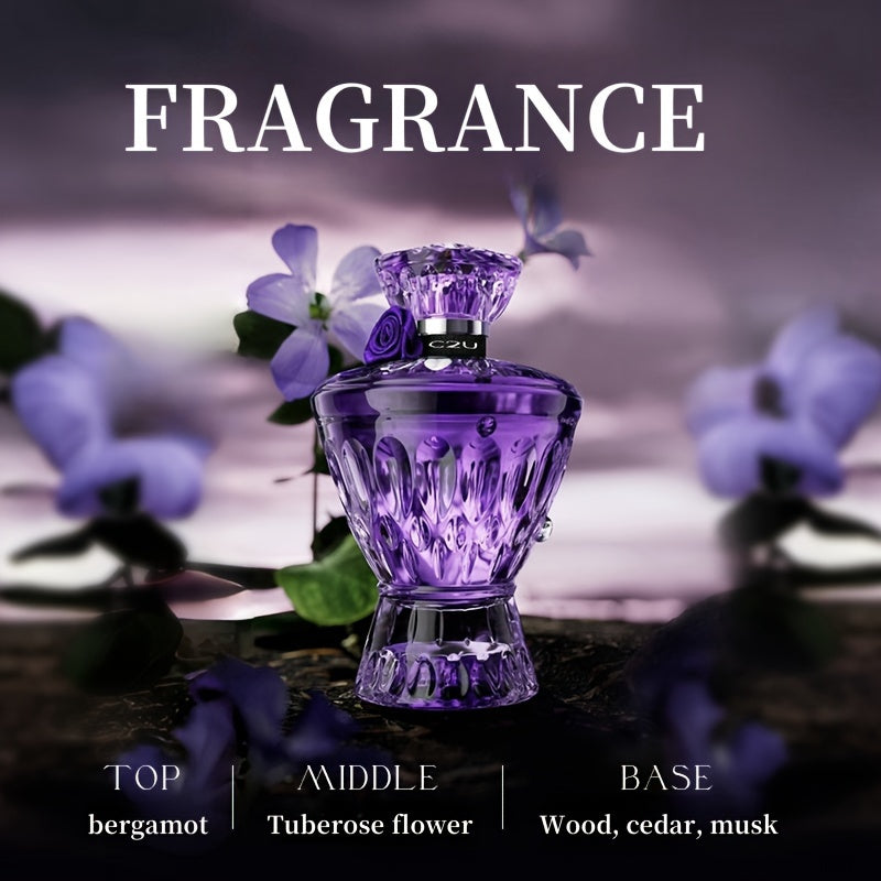 Elegant 75ml Purple Women's Perfume Spray with refreshing woody notes and alcohol-infused scent, perfect girlfriend gift with decorative floral packaging.