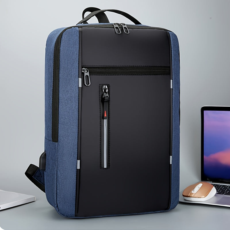 Blue nylon backpack for men with laptop compartment, USB charging port, and adjustable straps; ideal for business, travel, and daily use.