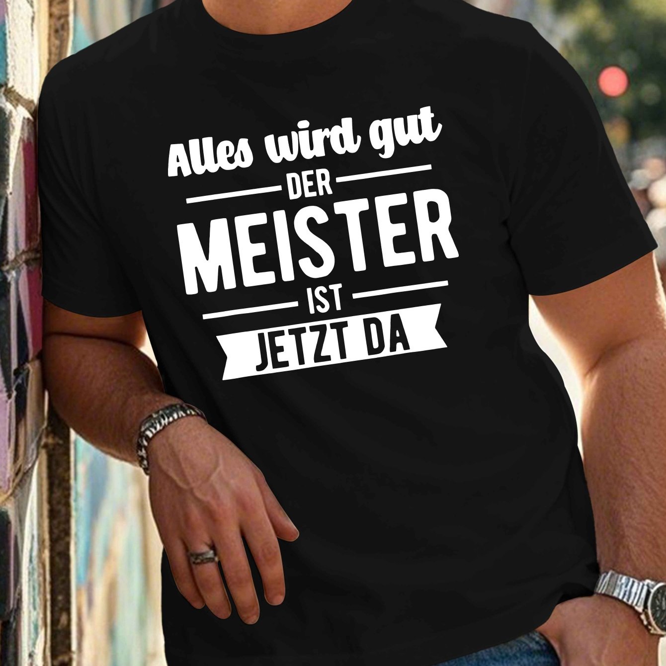 Dark gray crew neck T-shirt for plus-sized men, with funny German quote. Made of 100% polyester, ideal for summer wear and machine washable.