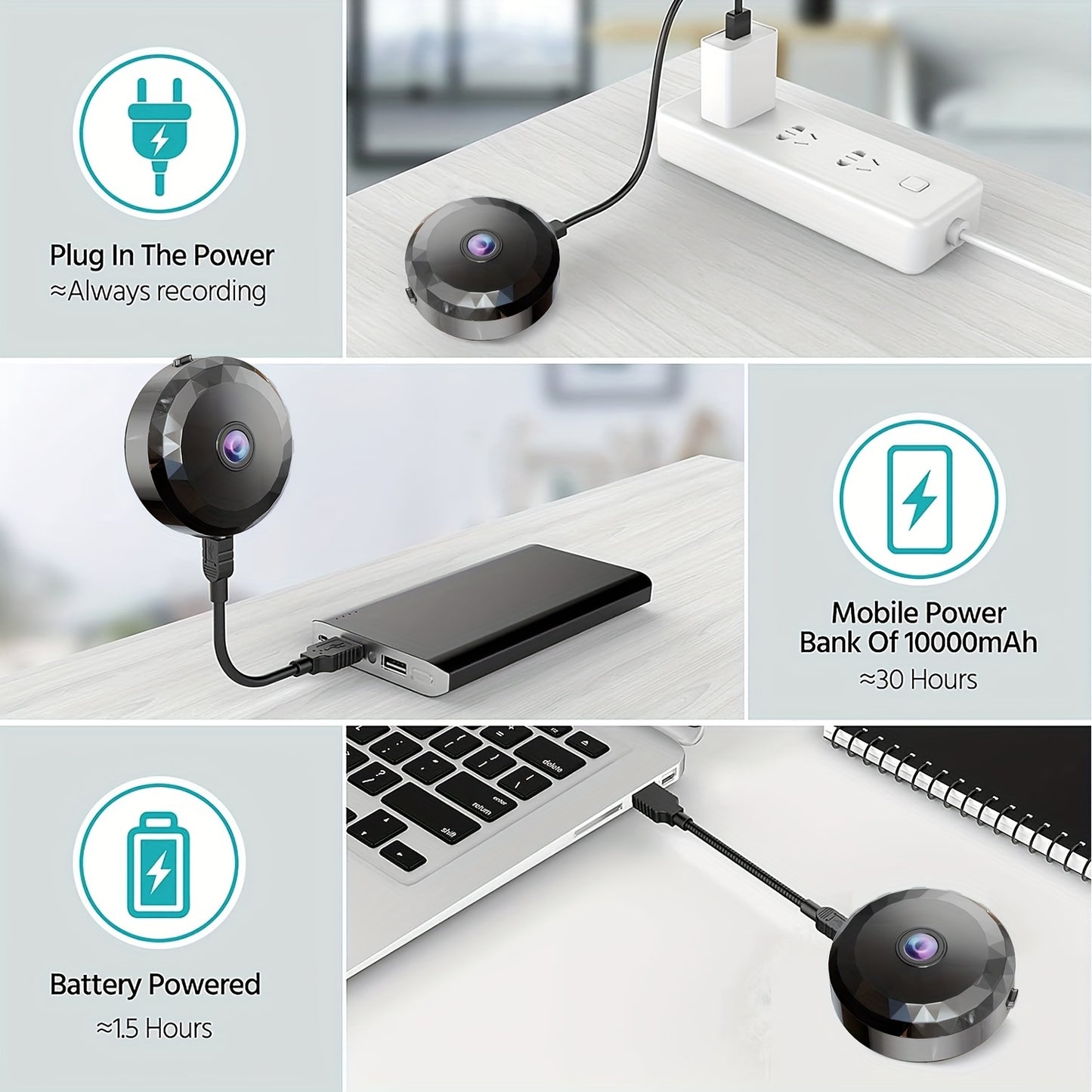 2.4Ghz Wireless Nanny Cam with HD video, Motion Detection, Night Vision, USB Powered, Rechargeable Battery, Self-Adhesive Mount, App Control, for Indoor and Outdoor use.