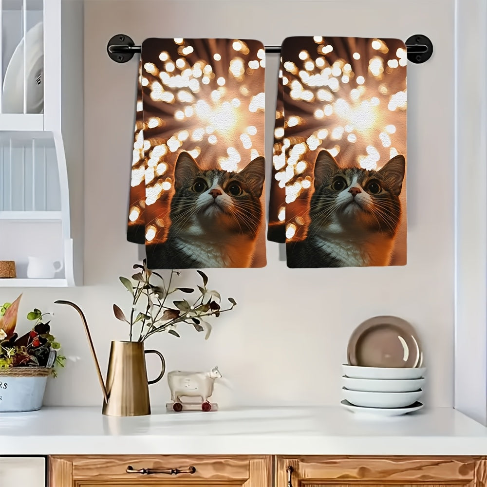 Set of 2 Ultra Soft Kitchen Towels featuring a Cute Cat & Dog Fourth of July Fireworks Pattern, Super Absorbent, Easy to Clean, 40.64x60.96 cm - Ideal for Adding Holiday Cheer to Your Kitchen Decor, Dish Drying Towels