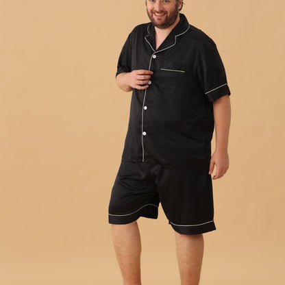 2-piece casual V-neck shirt and shorts set for plus size men, perfect silky pajamas for home comfort.