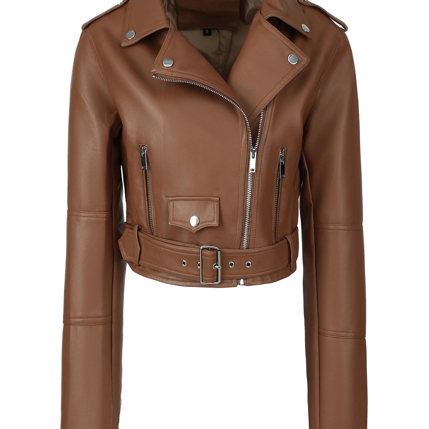 Stylish faux leather crop jacket for women, perfect for fall and spring weather.