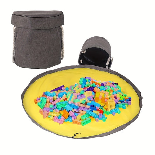 Toy storage basket and play mat that doubles as a quick storage bag for toys, featuring a durable design with drawstring closure and zipper lids for easy organization in the home.