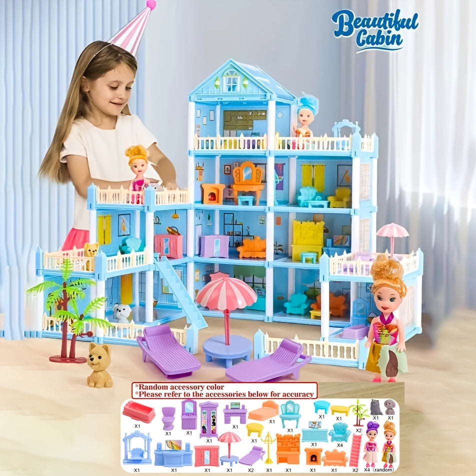 Luxurious 4-story dollhouse set with 4 dolls and accessories, perfect for children's pretend play. Available in pink or blue.