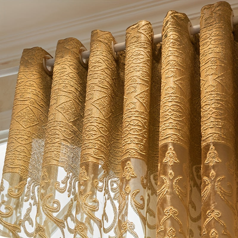 Luxury Sheer Curtains - Featuring Elegant Golden Jacquard Design, Made of Lightweight Polyester Tulle with Grommet Top for Living Room, Bedroom, Sliding Glass Patio. These Modern European Style Window Drapes add a touch of sophistication to any living