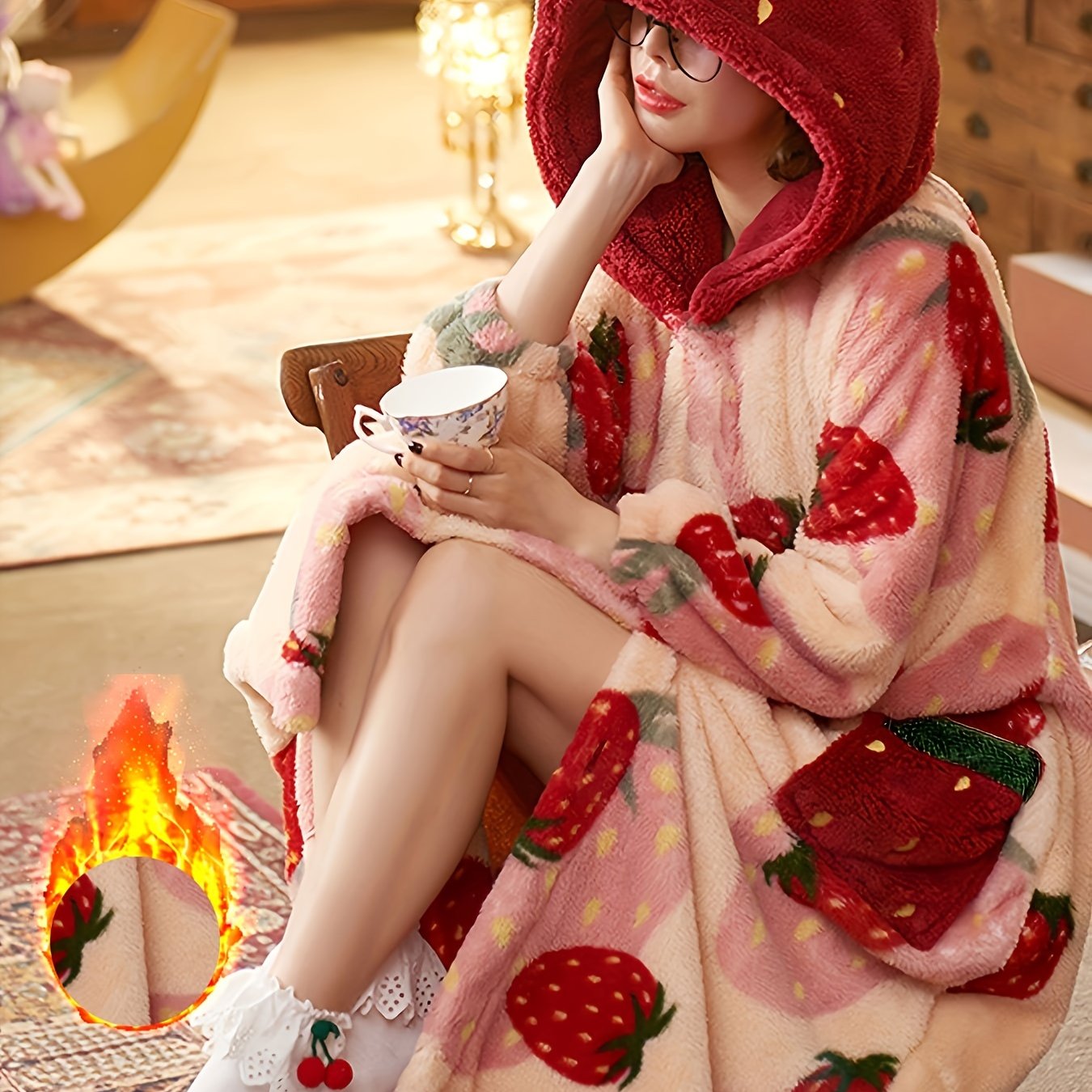 Women's cozy strawberry print bathrobe made of 100% polyester coral fleece, loose-fit, cute fruit and vegetable pattern, machine washable, perfect for fall/winter.