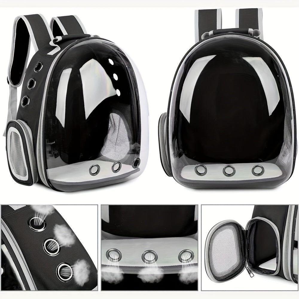 Transparent, breathable space capsule pet carrier backpack for hiking and travel.