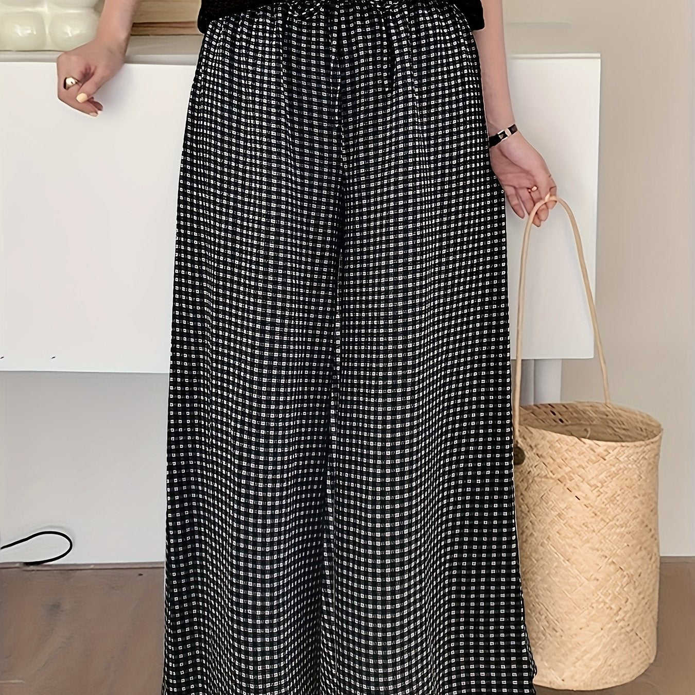 Plaid print wide leg pants with drawstring waist, perfect for spring and summer.