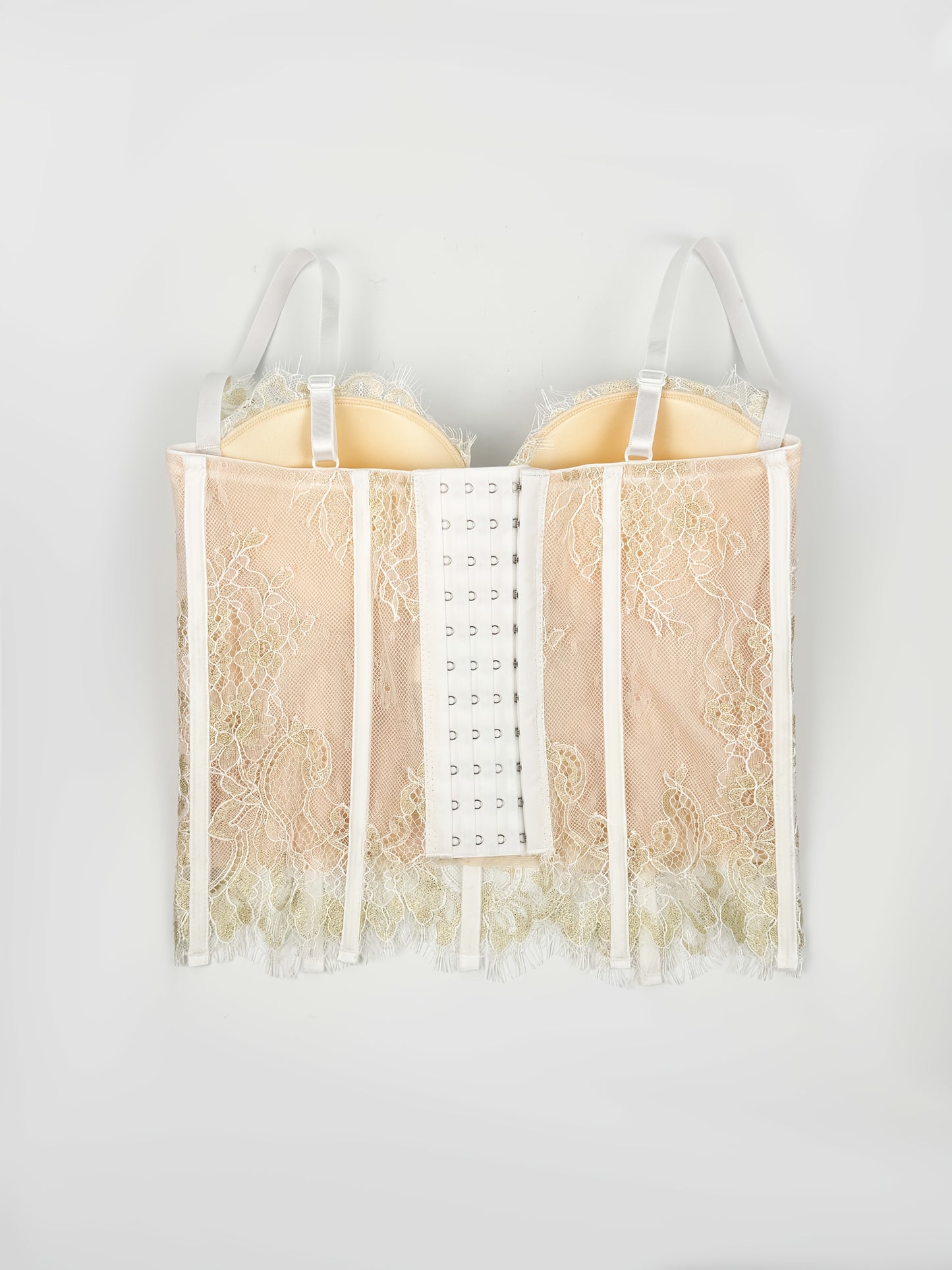 Women's elegant lace camisole vest made of polyester and elastane knit fabric with sleeveless fishbone corset design and contrast lace detail. Suitable for spring, summer, and fall as