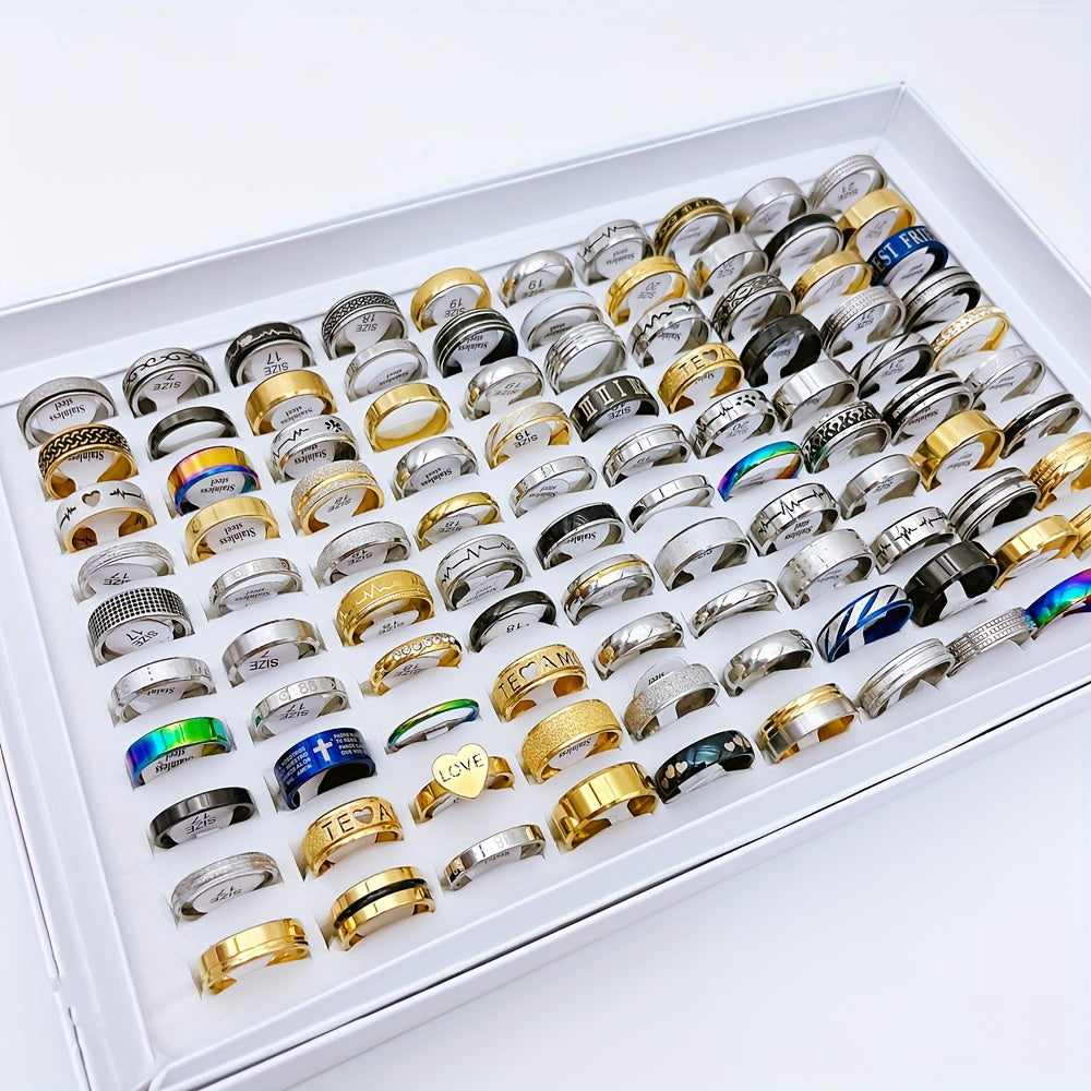 A set of 20 fashion rings made of stainless steel in various styles for mixing and matching. Suitable for both men and women, each blind bag contains rings of uncertain styles and sizes.