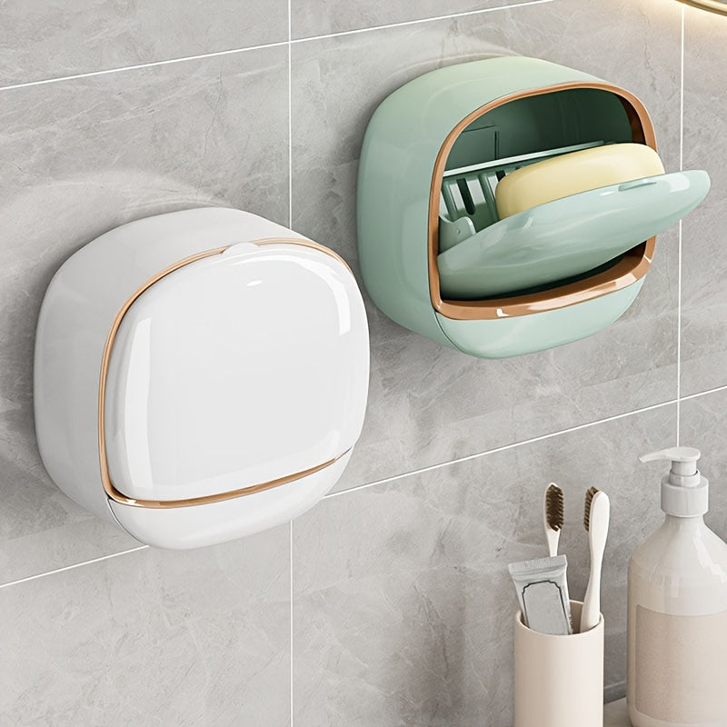 Modern Wall-Mounted Soap Dish with Drain Cover, Made of Plastic. Odor-free and Non-Electric Bathroom Soap Storage Container, perfect for keeping your Shower Accessories organized.