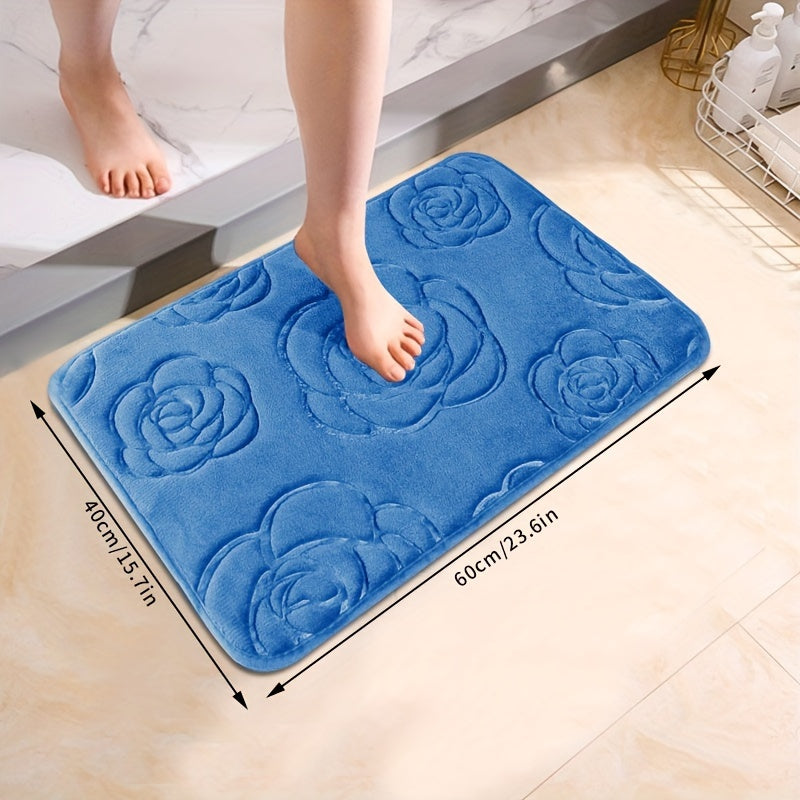 Soft and luxurious bath mat featuring a beautiful rose embossed design. This non-slip bathroom rug is made of ultra-soft knit polyester, providing superior comfort and absorbency. Lightweight and washable, this versatile mat is perfect for use in the