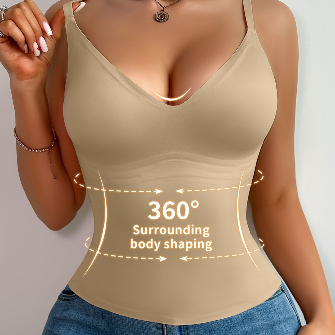 Women's slimming body shaper bodysuit in elegant beige with tummy control, thin straps, and V-neck. Made with stretchy nylon/elastane blend, non-see-through knit fabric. Casual style, hand