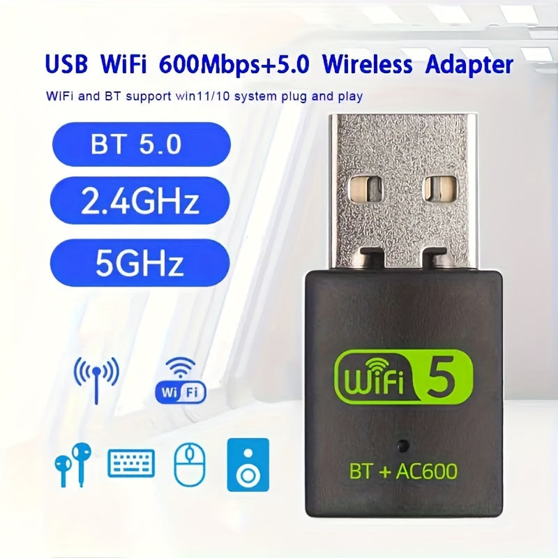 600Mbps Dual Band USB WiFi Wireless Adapter, 2.4/5Ghz Mini Dongle PC/Laptop uchun.