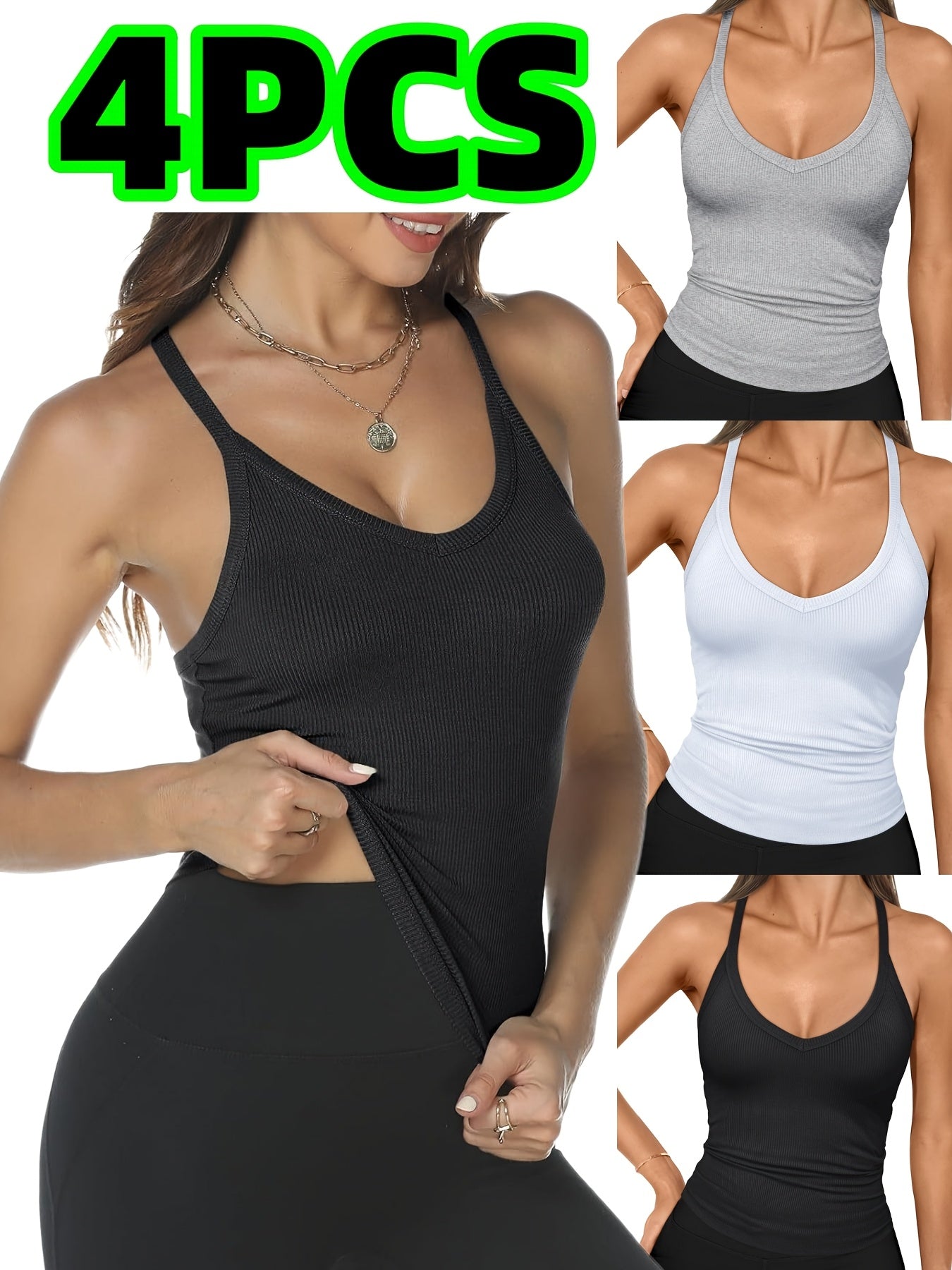 4-Pack ayollar uchun sexy kamisol tank top, 95% polyester elastik trikotaj matodan tayyorlangan. Qattiq rangli V-shaklidagi yengsiz top, nafas oladigan tor mos keladi. Ichki va tashqi kiyim, yoga uchun ideal.