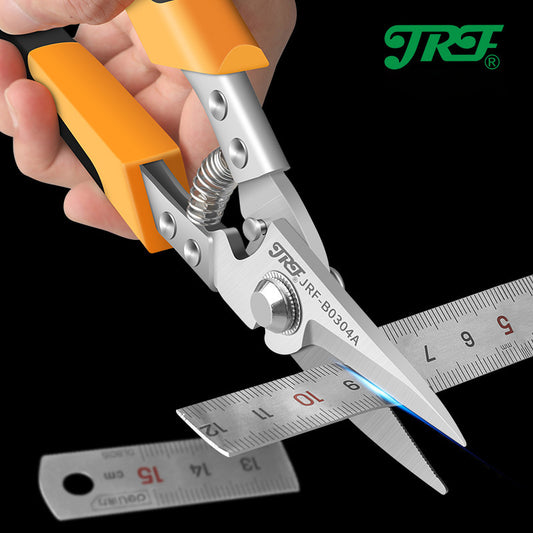 Industrial shears for cutting metal sheets and PVC pipes, including JRF stainless steel scissors and tin snips.