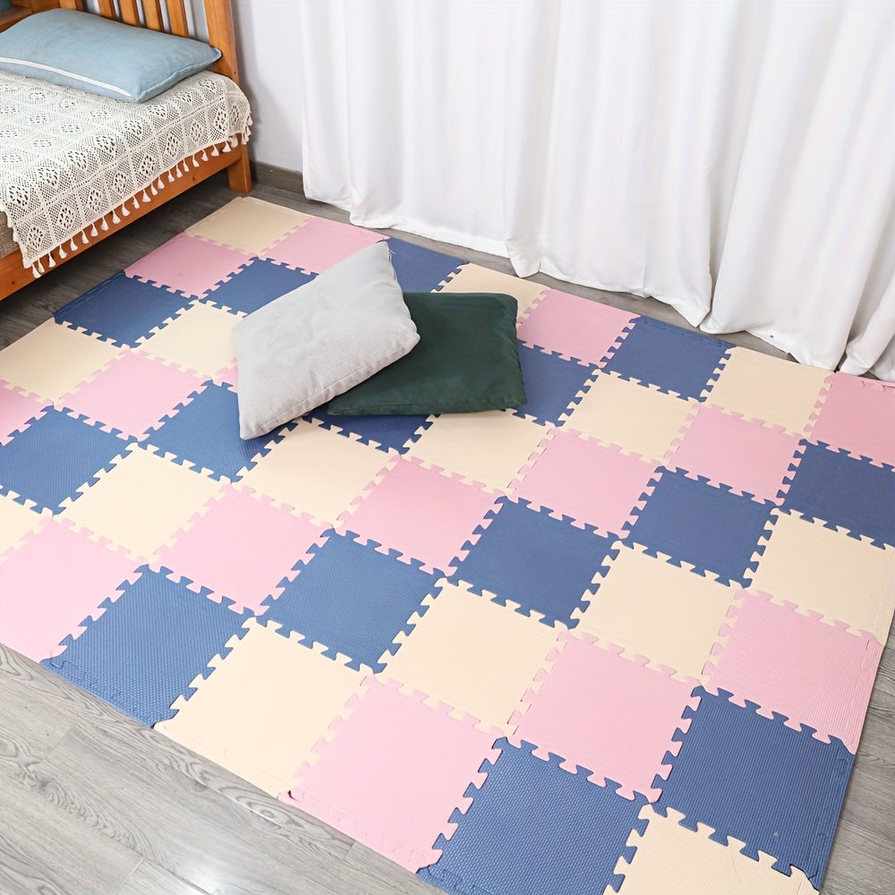 16-piece EVA Foam Play Mat in geometric patterns, available in beige, gray, navy blue, yellow, coffee, pink, and purple. Each tile is 30cm x 30cm, perfect for youngsters' room and playroom