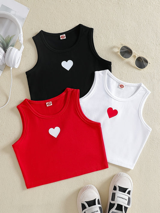 3 girls' cotton blend tank tops with heart pattern, suitable for ages 12 and under.