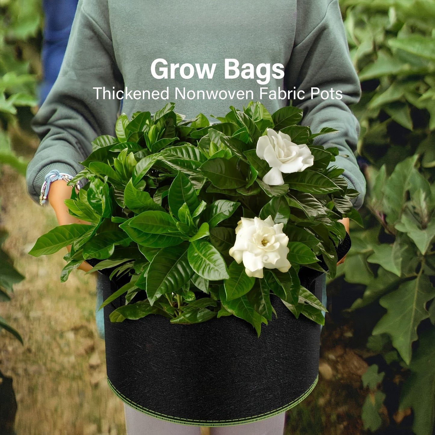 Set of 5 thickened non-woven planting bags for gardening, ideal for growing tomato plants, vegetables, flowers, and trees. Available in 11.36/18.93/26.5/37.85 L sizes.