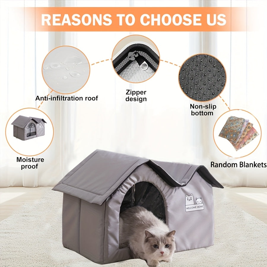 All-weather cat house with removable mat and paw print blanket, perfect for indoor or outdoor use.