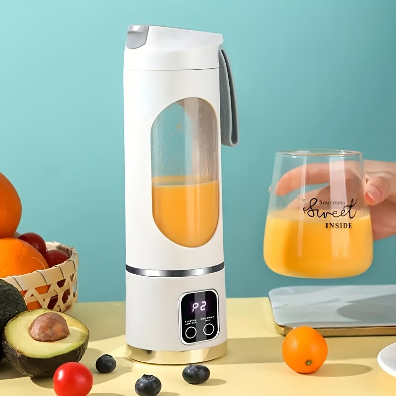 A versatile USB charging juicer blender with a digital display. Features include a 15.2 ounce capacity, 12 blades for powerful blending, 3 gears for customizing textures, ice crushing capability, low noise operation, easy cleaning, long battery life