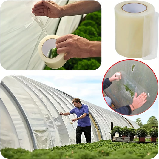 Greenhouse repair tape for agriculture and garden film, clear and UV resistant, with high strength adhesive for DIY repairs.