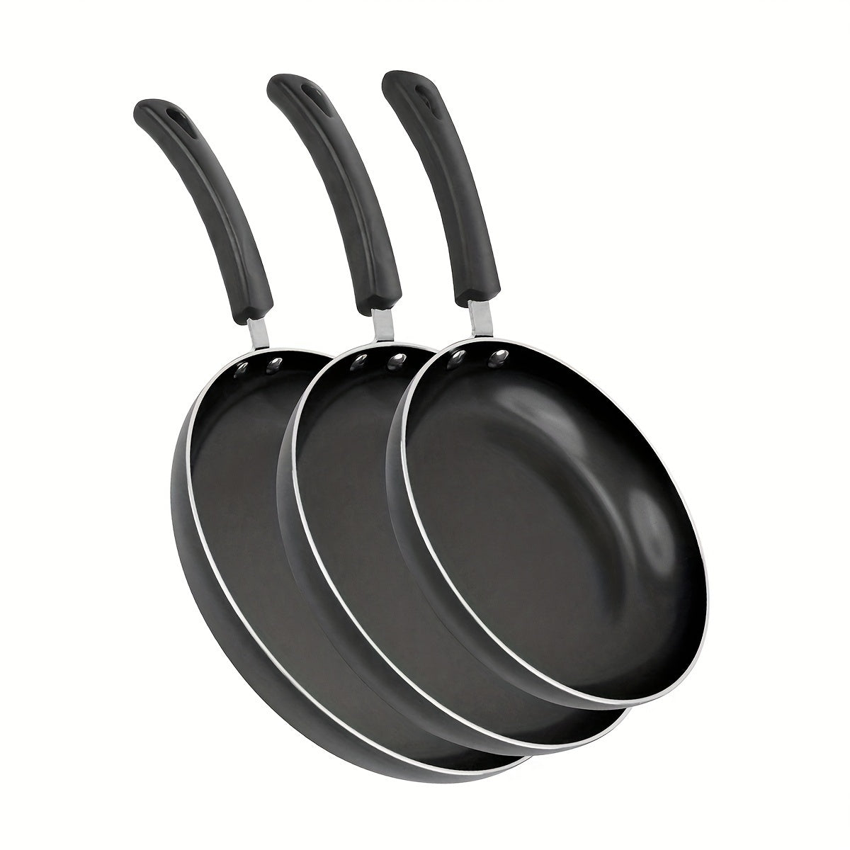 Set of 3 nonstick frying pans, featuring golden ceramic induction cookware. Includes 20.32cm, 24.13cm, and 27.94cm skillet omelette egg frying pans. This kitchen cooking pan set is PFOA and PFAS free.