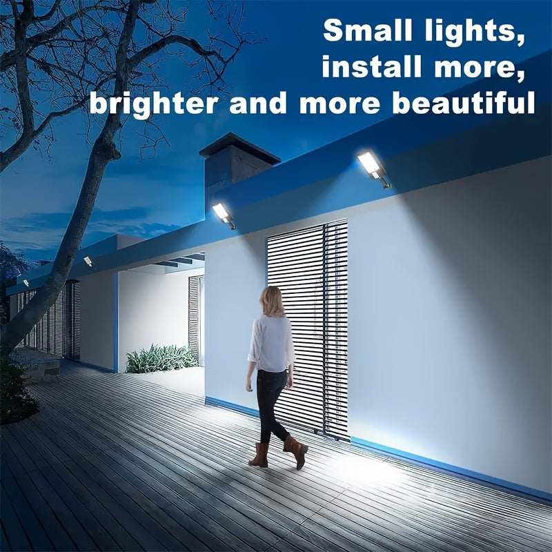 Outdoor solar wall lights, available in sets of 2, 4, or 6. Features 3 lighting modes and motion sensor. Ideal for garden walls, terrace paths, yards, fences, and pathways.