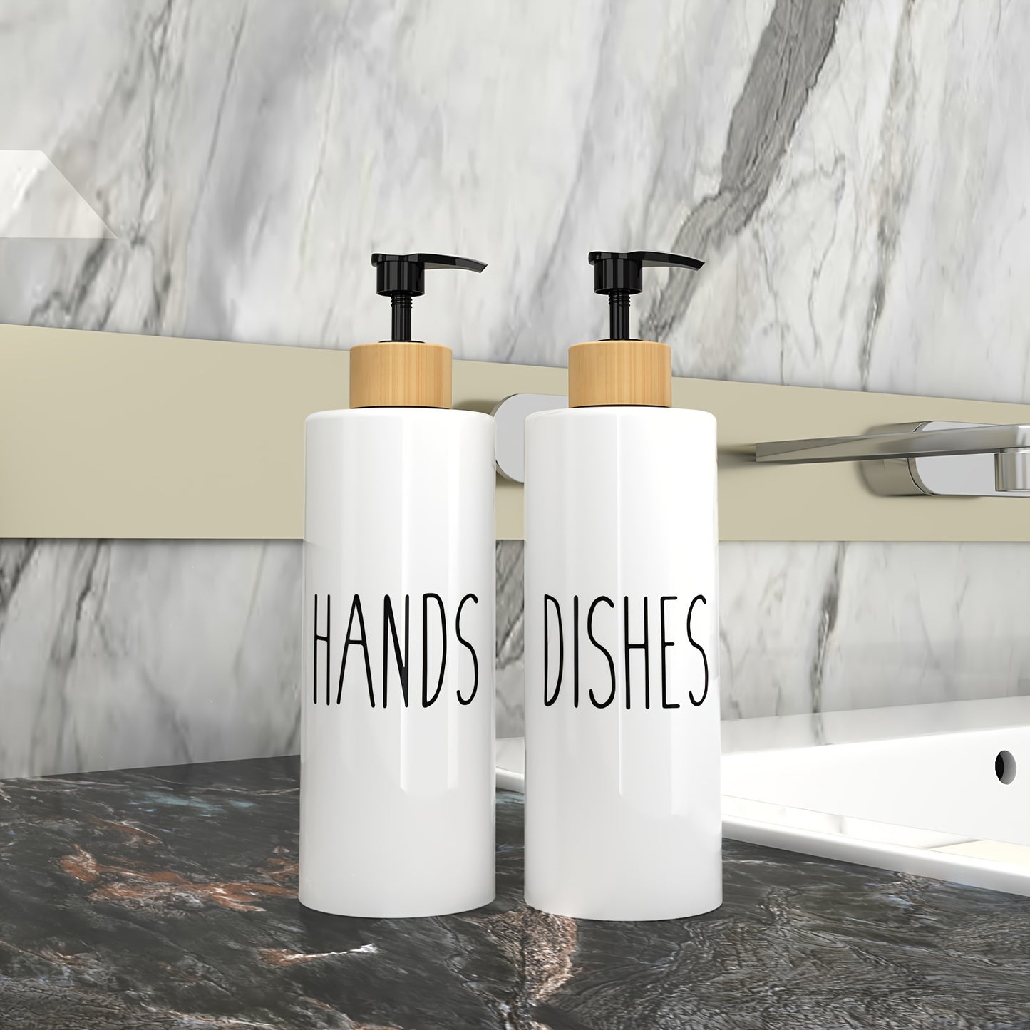 Set of 2 refillable soap dispensers with 16.91oz PET plastic bottles and wooden tray for kitchen use.