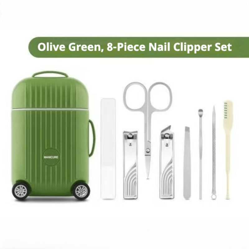 Set of 8 Modern Stainless Steel Nail Clippers, Includes Nail File, Tweezers, Ear Spoon, Cuticle Pusher, Dual-End Extractor. Portable and Odorless Nail Care Kit in Non-Woven Plastic Case. Perfect for Traveling and Gifting.