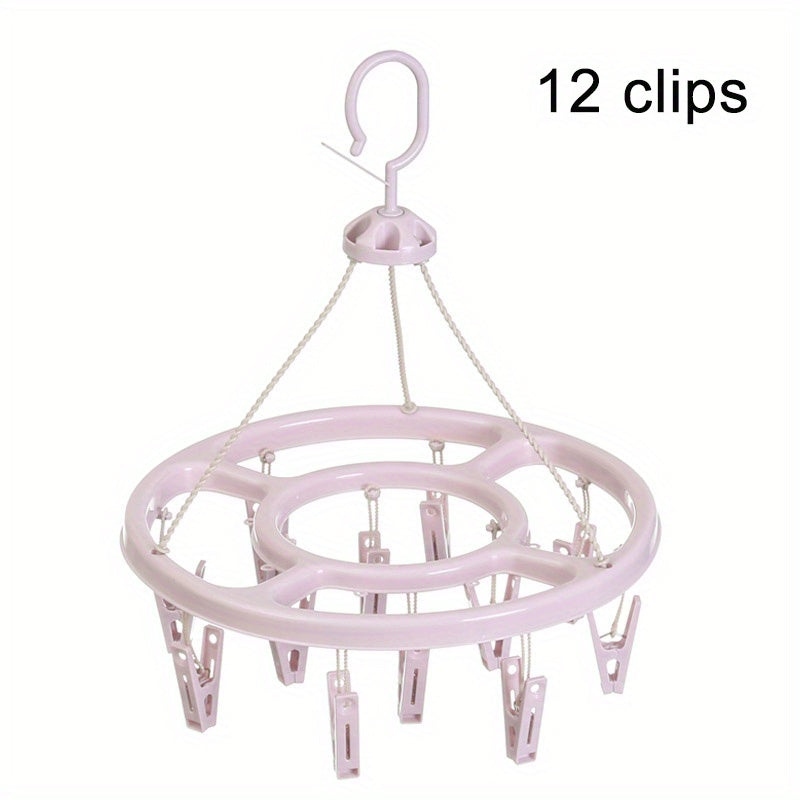 Get the 1pc12 Clip Round Drying Rack made of plastic. It can rotate 360 degrees, making it windproof. Hang your socks easily with this multifunctional rack that can also be used for infant and toddler clothes storage. The hook can also be used for