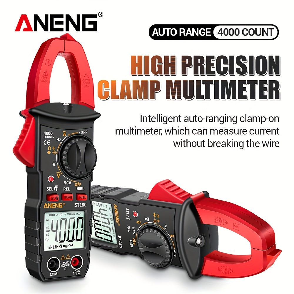 ANENG ST180 is a 4000 count digital clamp meter for measuring AC current, voltage, frequency, capacitance, and resistance, as well as testing car amps and non-contact voltage.