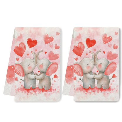 Set of 2 Ultra Soft Kitchen Towels with Cute Cartoon Elephants Embracing Design, Super Absorbent & Easy to Clean Dish Hand Towels, Ideal for Valentine's Day Decoration, Size 40.64x60.96 cm, Dish Towels