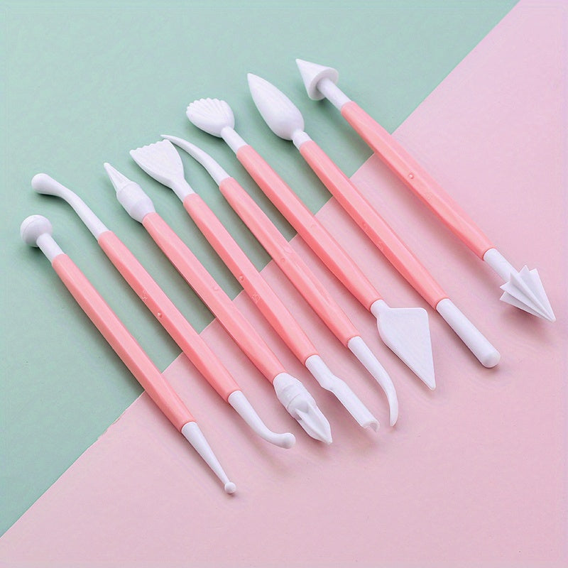 Set of 8 fondant cake decorating tools with 16 patterns for carving flowers, crafting clay, modeling, and baking accessories.