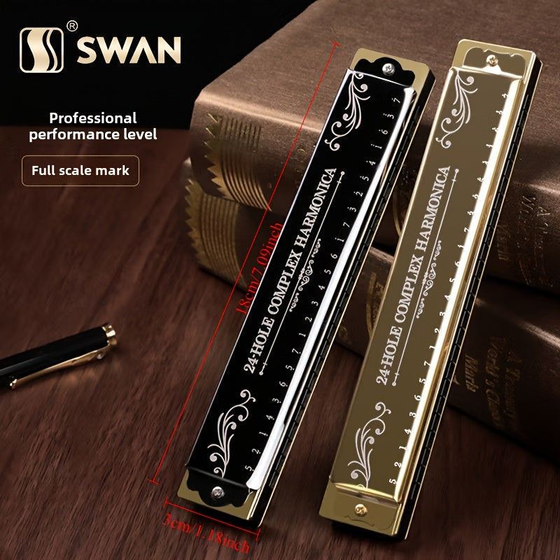 SWAN Harmonica: Beginner & Adult 24/28 Hole Performance-Grade Metal Harmonica, C Scale with Case, White Polished Finish